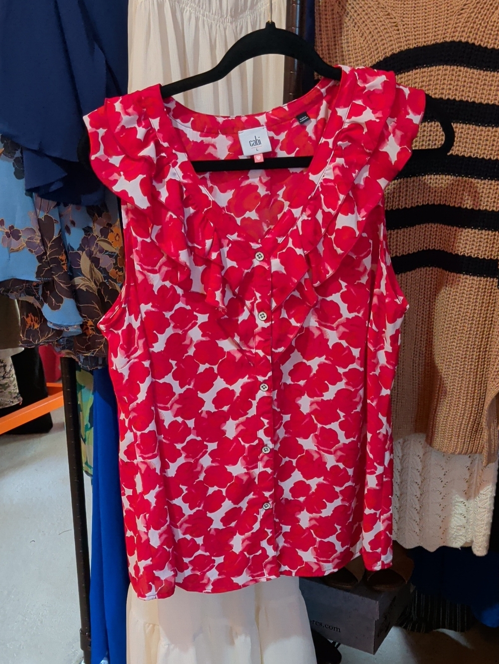 CAbi Red and White Sleeveless Ruffle Button-Front Blouse